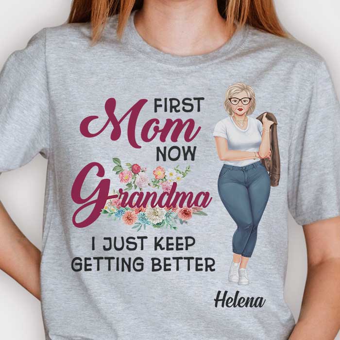 Love, First Mom Now Grandma - Family Personalized Custom Unisex T-Shirt, Hoodie, Sweatshirt - Mother's Day, Birthday Gift for Grandma - Basic Tee / S