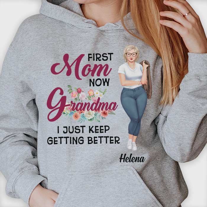 Love, First Mom Now Grandma - Family Personalized Custom Unisex T-Shirt, Hoodie, Sweatshirt - Mother's Day, Birthday Gift for Grandma - Basic Tee / S