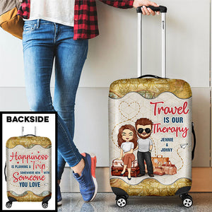 Travel Is Our Therapy - Personalized Luggage Cover - Gift For Couples, Husband Wife