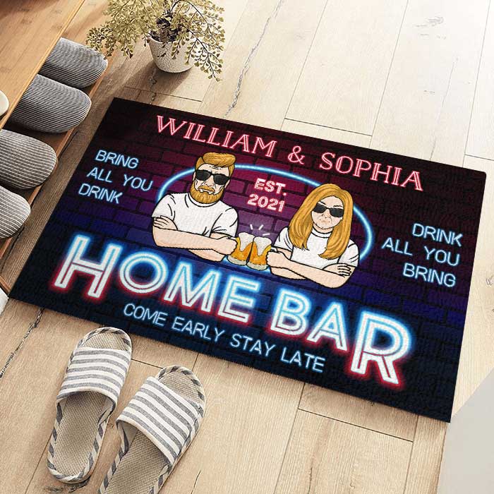 Home Bar Come Early Stay Late - Gift For Couples, Husband Wife, Personalized Decorative Mat.