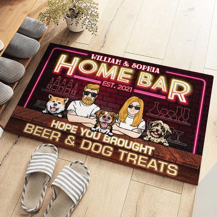 Home Bar Hope You Brought Beer & Dog Treats - Gift For Couples, Husband Wife, Personalized Decorative Mat.