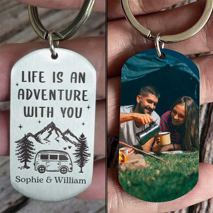 Life Is An Adventure With You - Upload Image, Gift For Camping Couples - Personalized Keychain.