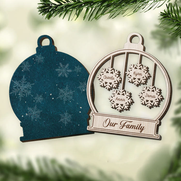 Snowflakes Falling In Love - Personalized Custom Snow Globe Shaped 2 Layered Wood Christmas Ornament - Gift For Family Members, Christmas Gift