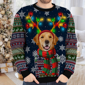 A Pet In Christmas Costume With Colorful Reindeer Antlers - Dog & Cat Personalized Custom Ugly Sweatshirt - Unisex Wool Jumper - Upload Image, Christmas Gift For Pet Owners, Pet Lovers