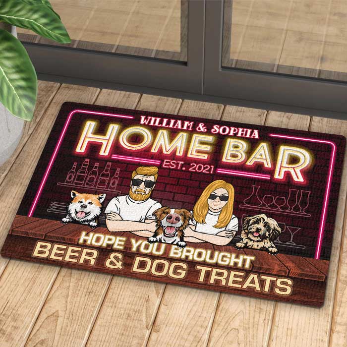 Home Bar Hope You Brought Beer & Dog Treats - Gift For Couples, Husband Wife, Personalized Decorative Mat.