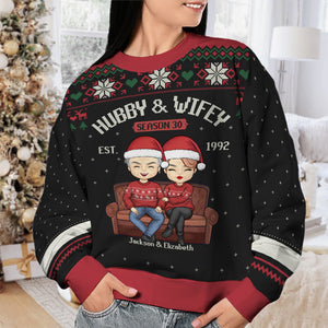 Hubby & Wifey Together - Personalized Custom Unisex Ugly Christmas Sweatshirt, Wool Sweatshirt, All-Over-Print Sweatshirt - Gift For Couple, Husband Wife, Anniversary, Engagement, Wedding, Marriage Gift, Christmas Gift