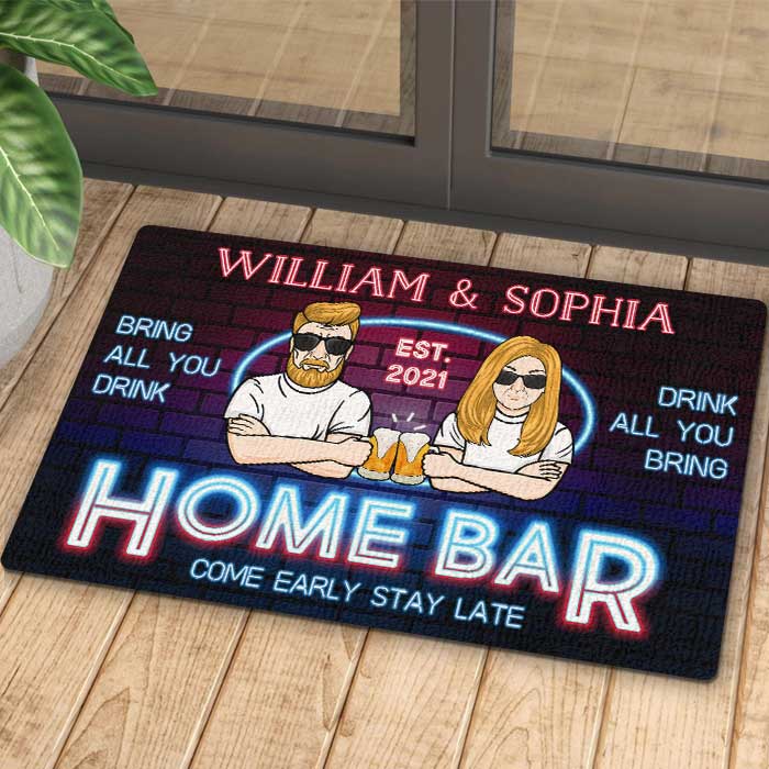 Home Bar Come Early Stay Late - Gift For Couples, Husband Wife, Personalized Decorative Mat.
