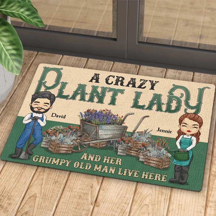 A Crazy Plant Lady And Her Grumpy Old Man Live Here - Gift For Couples, Husband Wife, Personalized Decorative Mat.