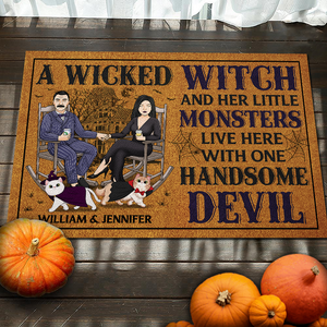 A Wicked Witch & Her Lil Monsters Live Here With A Handsome Devil - Personalized Decorative Mat - Gift For Couple, Husband Wife, Pet Lovers, Halloween Gift