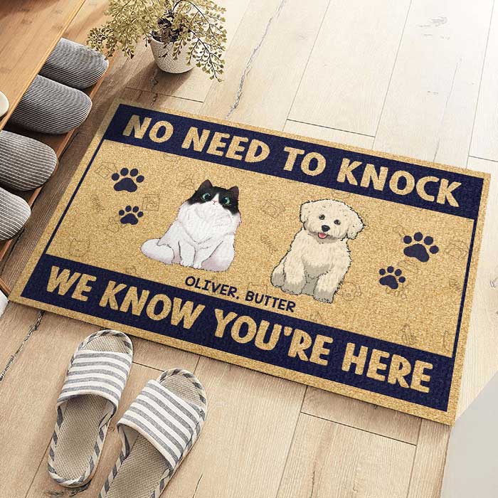 We Know You're Here, Dogs And Cats - Personalized Decorative Mat.