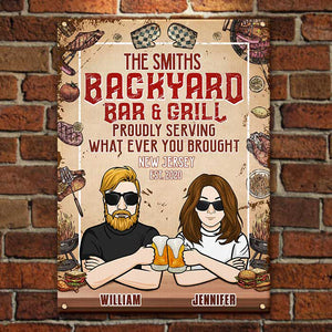 Family Backyard Bar And Grill - Gift For Couples, Husband Wife, Personalized Metal Sign