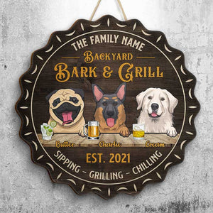 Welcome To Our House - Bark & Grill - Gift For Dog Lovers, Personalized Shaped Door Sign.
