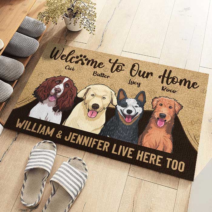 Welcome To Our House, Paw Parents Live Here Too - Personalized Decorative Mat.