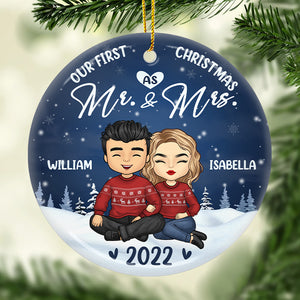 Our First Christmas As Mr & Mrs - Personalized Custom Round Shaped Ceramic Christmas Ornament - Gift For Couple, Husband Wife, Anniversary, Engagement, Wedding, Marriage Gift, Christmas Gift