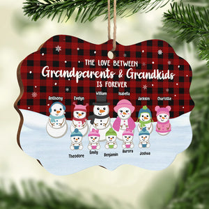 The Love Between Grandparents & Grandkids Snowman - Personalized Custom Benelux Shaped Wood Christmas Ornament - Gift For Grandparents, Christmas Gift
