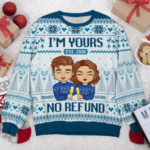 I'm Yours, No Refund White & Blue Style - Couple Personalized Custom Ugly Sweatshirt - Unisex Wool Jumper - Christmas Gift For Husband Wife, Anniversary