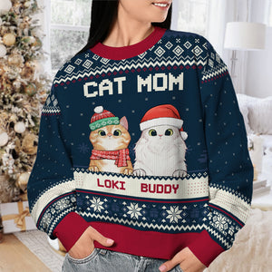 Meowy Christmas Cat Mom Cat Dad - Cat Personalized Custom Ugly Sweatshirt - Unisex Wool Jumper - Christmas Gift For Pet Owners, Pet Lovers