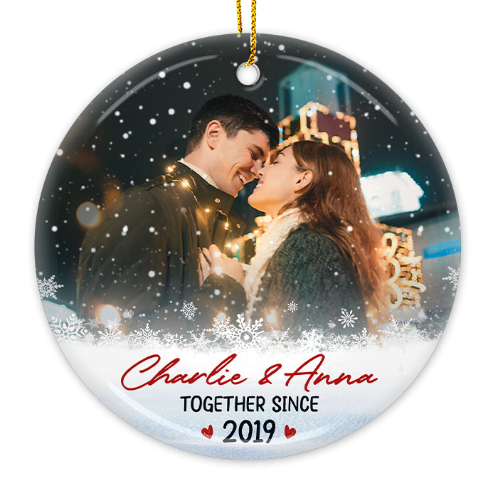 Together Since - Personalized Custom Round Shaped Ceramic Photo Christmas Ornament - Upload Image, Gift For Couple, Husband Wife, Anniversary, Engagement, Wedding, Marriage Gift, Christmas Gift