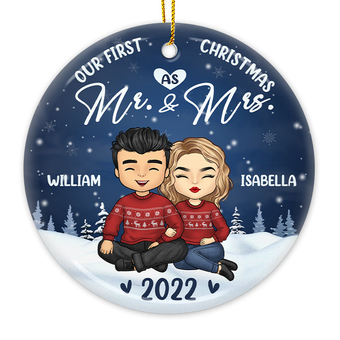 Our First Christmas As Mr & Mrs - Personalized Custom Round Shaped Ceramic Christmas Ornament - Gift For Couple, Husband Wife, Anniversary, Engagement, Wedding, Marriage Gift, Christmas Gift
