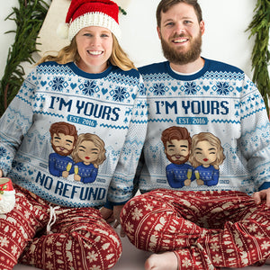 I'm Yours, No Refund White & Blue Style - Couple Personalized Custom Ugly Sweatshirt - Unisex Wool Jumper - Christmas Gift For Husband Wife, Anniversary