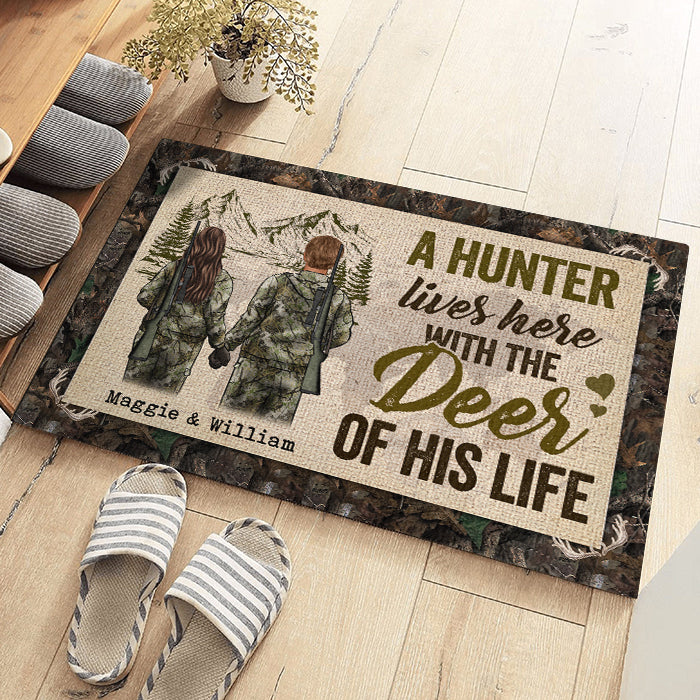A Hunter Lives Here With The Deer Of His Life - Gift For Hunting Couples, Personalized Decorative Mat.