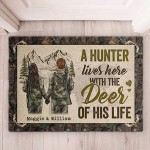 A Hunter Lives Here With The Deer Of His Life - Gift For Hunting Couples, Personalized Decorative Mat.