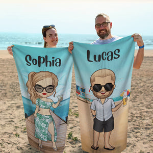 Summer Chibi Couple Beach Holiday  - Personalized Beach Towel - Gift For Couples, Husband & Wife