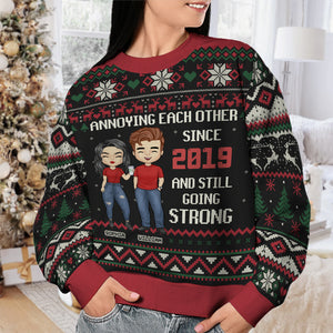 Couple Annoying Each Other Since - Personalized Custom Unisex Ugly Christmas Sweatshirt, Wool Sweatshirt, All-Over-Print Sweatshirt - Gift For Couple, Husband Wife, Anniversary, Christmas Gift