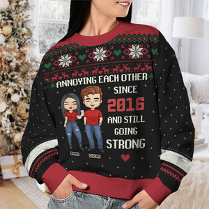 Annoying Each Other Since - Personalized Custom Unisex Ugly Christmas Sweatshirt, Wool Sweatshirt, All-Over-Print Sweatshirt - Gift For Couple, Husband Wife, Anniversary, Christmas Gift