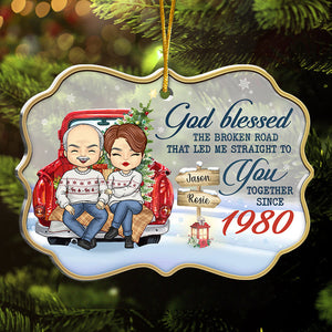 God Blessed The Broken Road - Personalized Custom Benelux Shaped Acrylic Christmas Ornament - Gift For Couple, Husband Wife, Anniversary, Engagement, Wedding, Marriage Gift, Christmas Gift