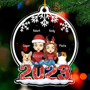 Couple & Pets Merry Christmas - Dog & Cat Personalized Custom Ornament - Acrylic Snow Globe Shaped - Christmas Gift For Pet Owners, Pet Lovers
