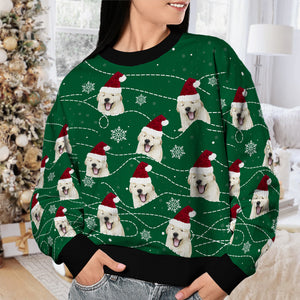 Enjoy Christmas With Your Pet Green Style With Little Snowflakes - Dog & Cat Personalized Custom Ugly Sweatshirt - Unisex Wool Jumper - Upload Image, Christmas Gift For Pet Owners, Pet Lovers