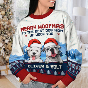 Merry Woofmas To The Best Dog Dad & Dog Mom - Personalized Custom Unisex Ugly Christmas Sweatshirt, Wool Sweatshirt, All-Over-Print Sweatshirt - Gift For Dog Lovers, Pet Lovers, Christmas Gift