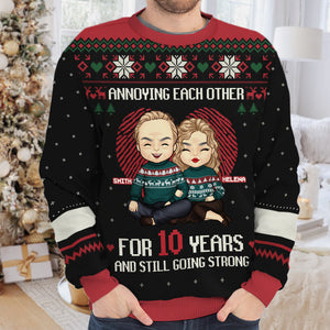 Annoying Each Other For Many Years - Personalized Custom Unisex Ugly Christmas Sweatshirt, Wool Sweatshirt, All-Over-Print Sweatshirt - Gift For Couple, Husband Wife, Anniversary, Engagement, Wedding, Marriage Gift, Christmas Gift
