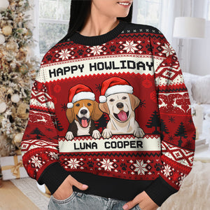 Merry Christmas, Happy Howliday - Personalized Custom Unisex Ugly Christmas Sweatshirt, Wool Sweatshirt, All-Over-Print Sweatshirt - Gift For Dog Lovers, Pet Lovers, Christmas Gift