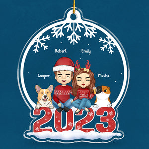 Couple & Pets Merry Christmas - Dog & Cat Personalized Custom Ornament - Acrylic Snow Globe Shaped - Christmas Gift For Pet Owners, Pet Lovers