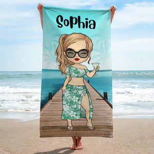 Summer Chibi Couple Beach Holiday  - Personalized Beach Towel - Gift For Couples, Husband & Wife