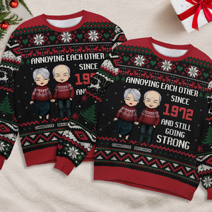 Couple Annoying Each Other Since - Personalized Custom Unisex Ugly Christmas Sweatshirt, Wool Sweatshirt, All-Over-Print Sweatshirt - Gift For Couple, Husband Wife, Anniversary, Christmas Gift