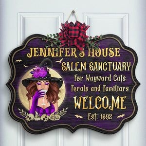 Salem Sanctuary For Wayward Cats, Ferals And Familiars - Personalized Witch Shaped Wood Sign - Gift For Witches, Gift For Yourself, Halloween Gift