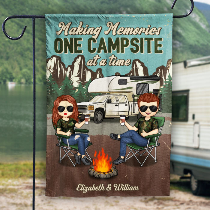 Making Memories One Campsite At A Time - Couple Personalized Custom Flag - Gift For Husband Wife, Anniversary, Camping Lovers