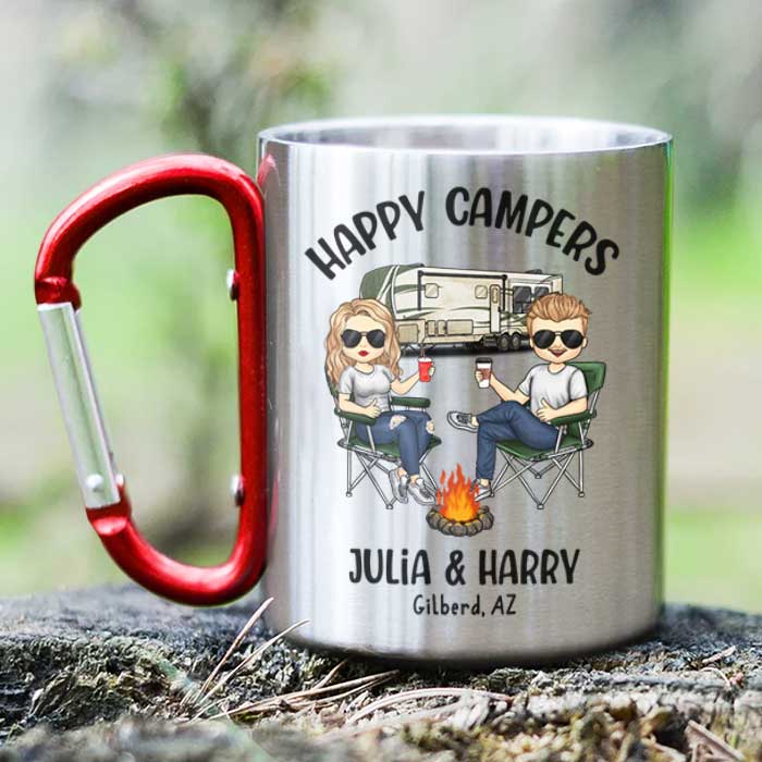Happy Campers Be Wild &amp; Free - Mug de camping personnalisé avec mousqueton - Cadeau pour les amateurs de camping