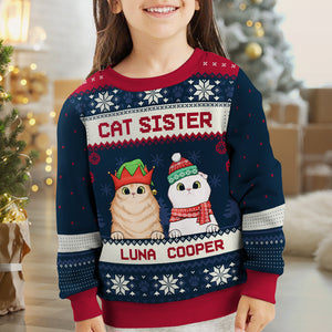 Merry Christmas, Cat Brother Cat Sister - Personalized Custom Unisex Ugly Christmas Sweatshirt, Wool Sweatshirt, All-Over-Print Sweatshirt - Gift For Cat Lovers, Pet Lovers, Christmas Gift