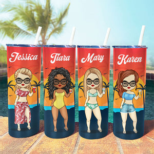 Chibi Summer Vacation Sunset - Personalized Skinny Tumbler - Gift For Bestie