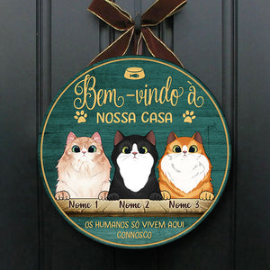 Bem-vindo À Minha Casa - Sinal De Porta De Gato Personalizado E Engraçado, Funny Personalized Cat Door Sign Portuguese.