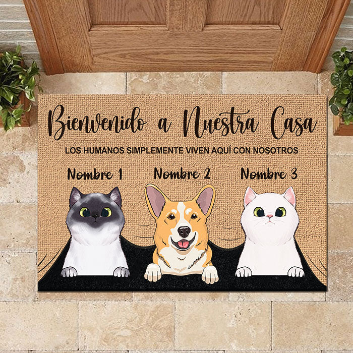 Los humanos simplemente viven aquí con nosotros Spanish - Funny Personalized Pet Decorative Mat.
