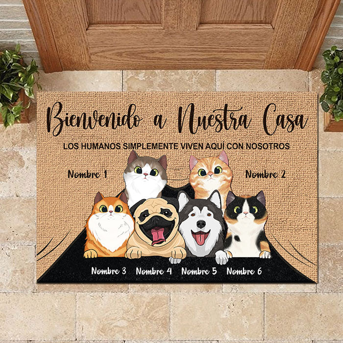 Los humanos simplemente viven aquí con nosotros Spanish - Funny Personalized Pet Decorative Mat.