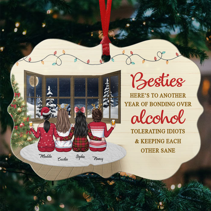 Here's To Another Year Of Bonding Over Alcohol Tolerating Idiots - Personalized Custom Benelux Shaped Wood Christmas Ornament - Gift For Bestie, Best Friend, Sister, Birthday Gift For Bestie And Friend, Christmas Gift