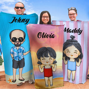 Family Chibi Summer Vacation - Personalized Beach Towel - Gift For Family