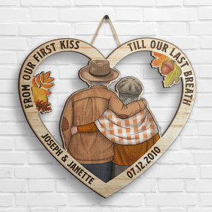 Our First Kiss Heart Shape Season - Personalized Shaped Wood Sign - Gift For Couples, Husband Wife