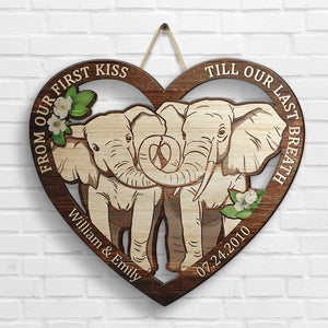 Elephant Couple From Our First Kiss - Personalized Shaped Wood Sign - Gift For Couples, Husband Wife